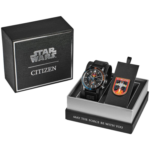 Star Wars Mens Rebel Starfighter Boxed Set Eco-Drive 44mm Silver-Tone Stainless Steel Case Black Leather Strap with Black Dial Box Set