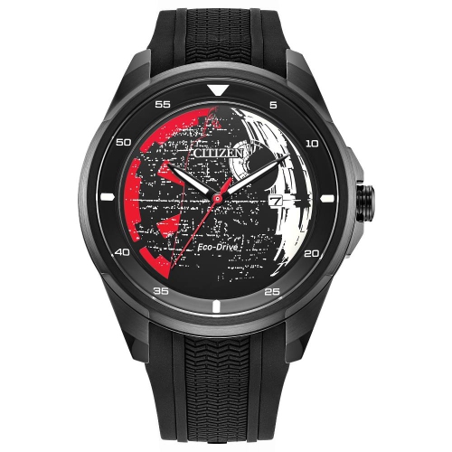Star Wars Mens Death Star Eco-Drive Watch 45mm Black Stainless Steel Case Black Silicone Strap with Black Dial
