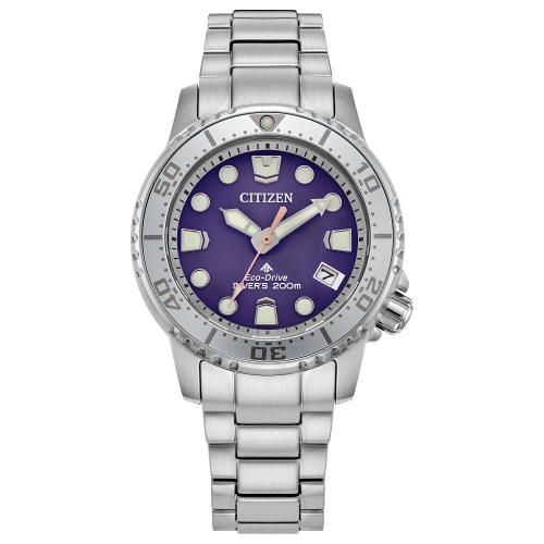 Montre pour femmes Promaster Dive Eco-Drive 36,5&nbsp;mm avec boîtier et bracelet en acier inoxydable argenté et cadran violet de Citizen