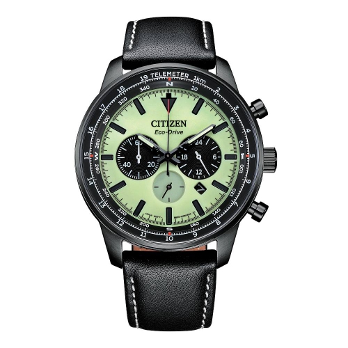 Image 1 of 9.. Citizen Mens Sport Casual Eco-Drive Watch 44mm Black Stainless Steel Case Black Leather Strap with Green Dial