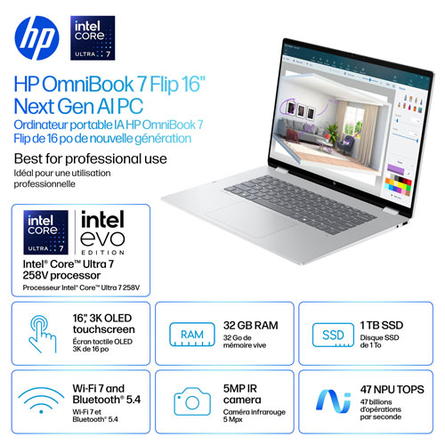 HP OmniBook 7 Flip 16" Touchscreen 2-in-1 Copilot+ PC Laptop (Intel Core Ultra 7-258V/32GB RAM/1TB SSD)