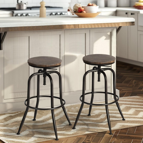 HOMY CASA  Set Of 2 Industrial Adjustable Dining Stools Set With Wood Seat And Metal Frame