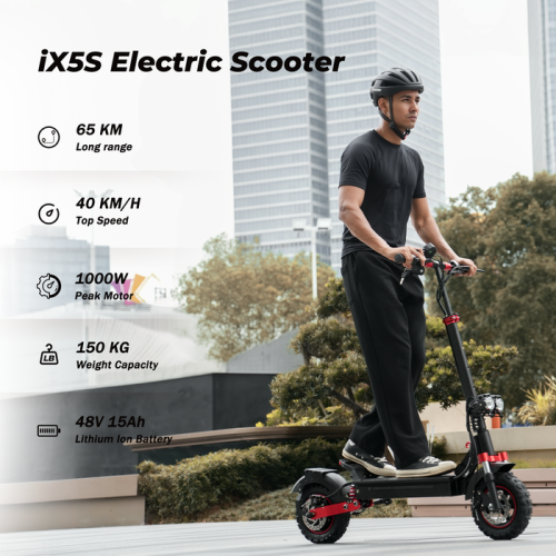iScooter ix5s Folding Electric Scooter(1000W Motor/64KM Range/ 45KM/H Top Speed/11"Off - Road Solid Tires/Dual Suspension & Double Disc Brake/APP