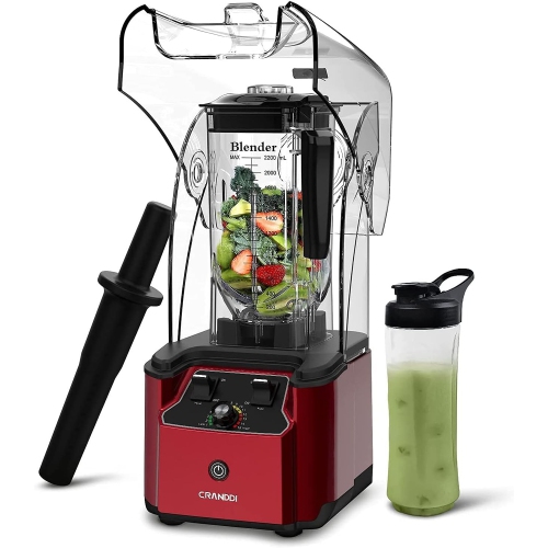 CRANDDI K90 Quiet Blender, 2200W High-Speed, 80oz Pitcher, Soundproof Shield, Self-Cleaning, Red
