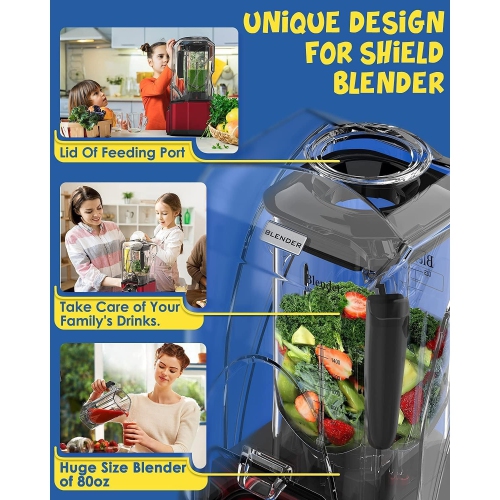 CRANDDI K90 Quiet Blender, 2200W High-Speed, 80oz Pitcher, Soundproof Shield, Self-Cleaning, Red
