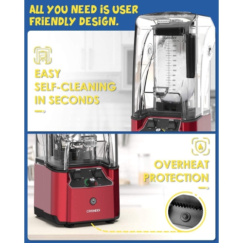 CRANDDI K90 Quiet Blender, 2200W High-Speed, 80oz Pitcher, Soundproof Shield, Self-Cleaning, Red