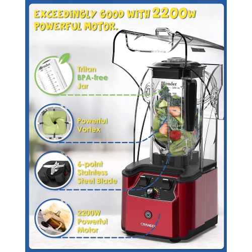 CRANDDI K90 Quiet Blender, 2200W High-Speed, 80oz Pitcher, Soundproof Shield, Self-Cleaning, Red