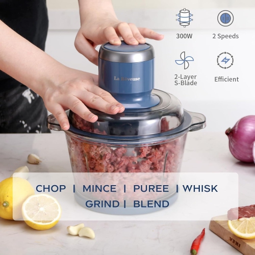 La Reveuse 7-Cup Food Processor, 300W Electric Chopper with Glass Bowl & 4 Bi-Level Blades