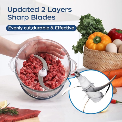 La Reveuse 7-Cup Food Processor, 300W Electric Chopper with Glass Bowl & 4 Bi-Level Blades