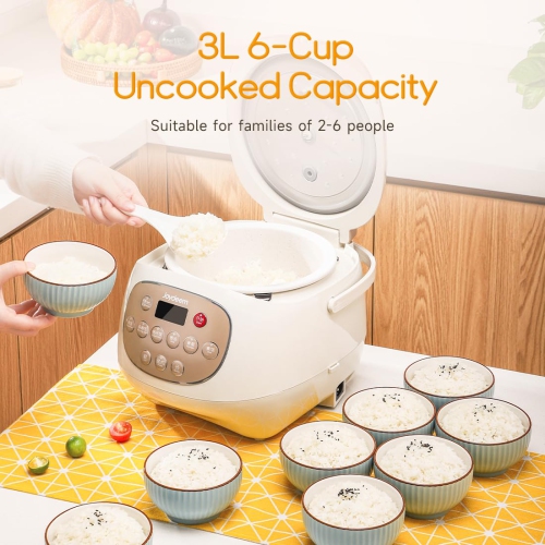 Joydeem Ceramic Rice Cooker, 6 Cups Uncooked Rice Cookers with Pure Ceramic Inner Pot, Healthy & PFOA Free, 3L, DFB-C300