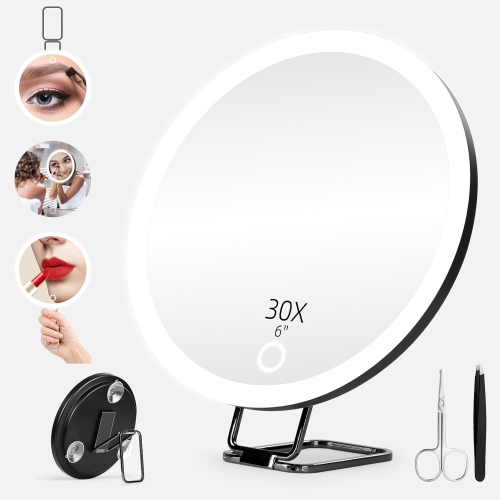 30x Magnifying Mirror with Light,Large 6" Rechargeable Magnifying Makeup Mirror,Travel Mirror with Stand,Magnifying Makeup Mirror 30X Magnification