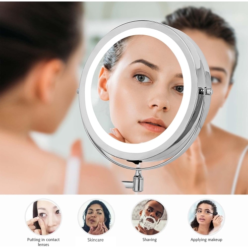 360° Rotation Adjustable 10x Large Wall Mounted Makeup Mirror,LED Lighted Vanity Mirror,8" Double Sided Makeup Mirror,1X/10X Magnifying Bathroom