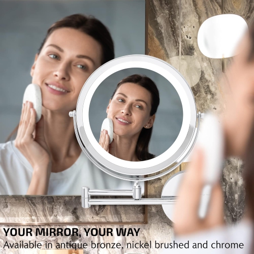 360° Rotation Adjustable 10x Large Wall Mounted Makeup Mirror,LED Lighted Vanity Mirror,8" Double Sided Makeup Mirror,1X/10X Magnifying Bathroom