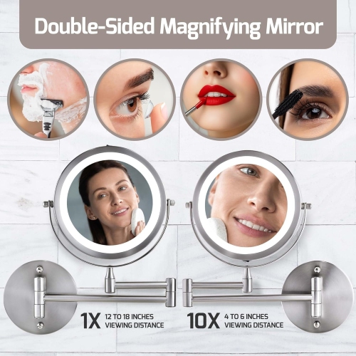 360° Rotation Adjustable 10x Large Wall Mounted Makeup Mirror,LED Lighted Vanity Mirror,8" Double Sided Makeup Mirror,1X/10X Magnifying Bathroom