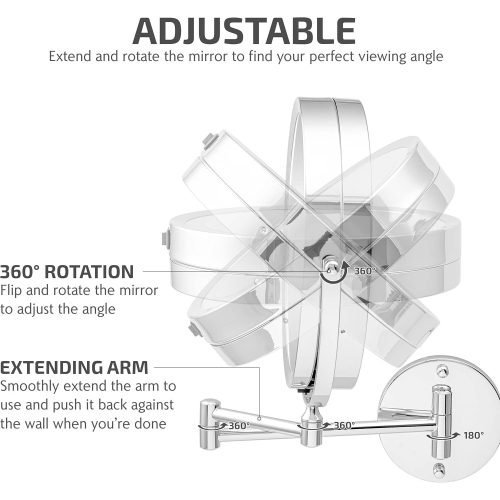 360° Rotation Adjustable 10x Large Wall Mounted Makeup Mirror,LED Lighted Vanity Mirror,8" Double Sided Makeup Mirror,1X/10X Magnifying Bathroom