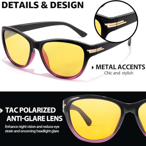 Women’s Night Vision Driving Glasses, Polarized Yellow Tint Anti Glare & Enhanced Vision Eyewear for Nighttime Driving