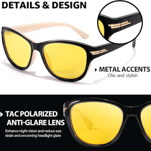 Women’s Night Vision Driving Glasses, Polarized Yellow Tint Anti Glare & Enhanced Vision Eyewear for Nighttime Driving