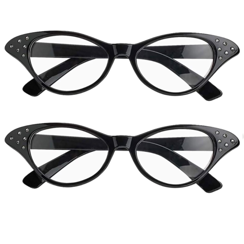 2 Pack Cat Eye Retro Costume Dress Up Hip Hop Rhinestone Glasses, Cat Eye Eyeglasses for Halloween Christmas