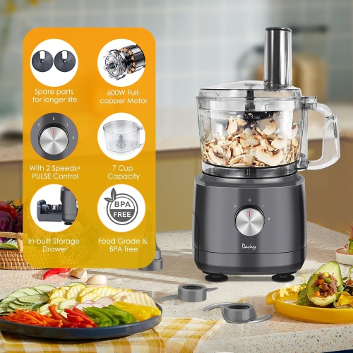 Food Processor 7 Cup,Built-in Storage Drawer Small Food Processor with 10 set blades
