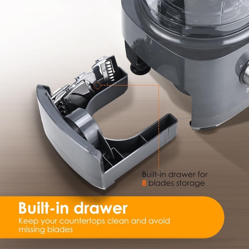 Food Processor 7 Cup,Built-in Storage Drawer Small Food Processor with 10 set blades