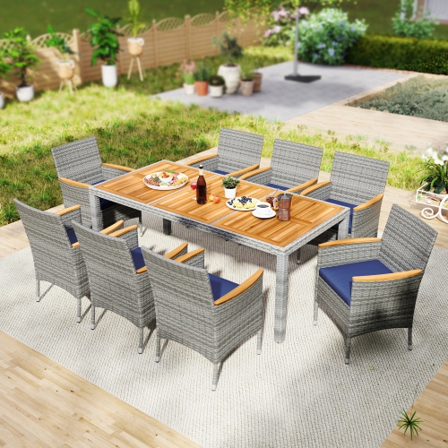 GYMAX  9 Pieces Patio Pe Wicker Dining Set Outdoor Acacia Wood Table & Chairs