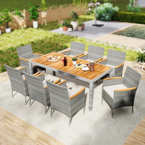 GYMAX  9 Pieces Patio Pe Wicker Dining Set Outdoor Acacia Wood Table & Chairs