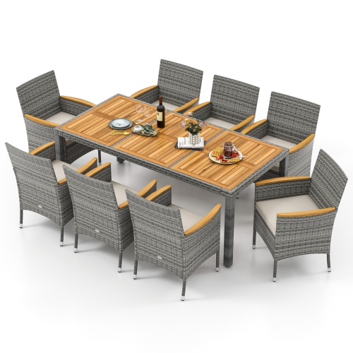 Gymax 9 Pieces Patio PE Wicker Dining Set Outdoor Acacia Wood Table & Chairs