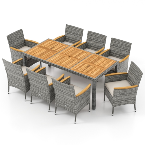 Gymax 9 Pieces Patio PE Wicker Dining Set Outdoor Acacia Wood Table & Chairs