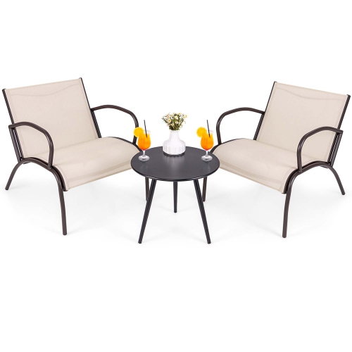 Gymax 3 Piece Patio Chair Set w/ Curved Fabric Seat Round Coffee Table for Backyard