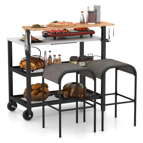 Gymax Rolling Bar Cart w/ Flip-up Table Hooks Paper Towel Holder 2 Bistro Stools