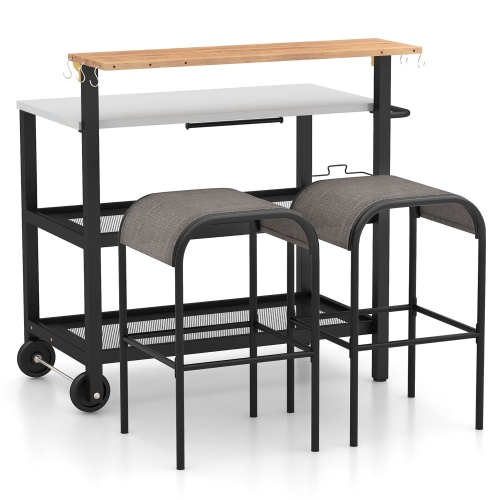 Gymax Rolling Bar Cart w/ Flip-up Table Hooks Paper Towel Holder 2 Bistro Stools