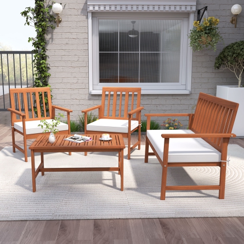 Gymax 8-Piece Acacia Wood Patio Conversation Set Outdoor Furniture Set w/ 4 Armchairs