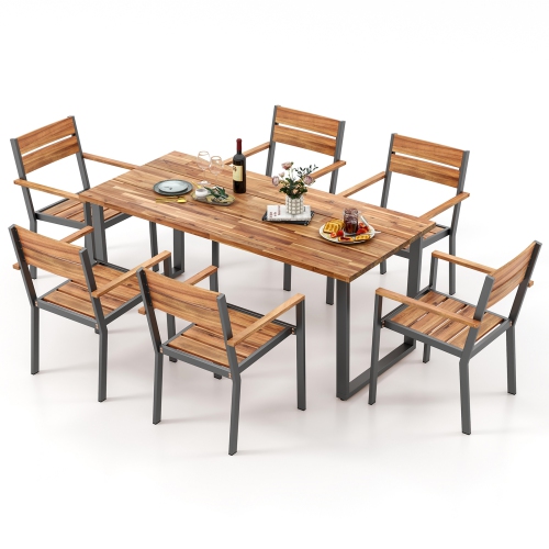 GYMAX  7 Piece Patio Dining Set 69" Rectangle Table W/ 6 Stackable Chairs
