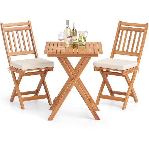 GYMAX  3-Piece Folding Bistro Set W/ Removable Seat Cushions Outdoor Table & Chairs
