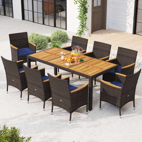 GYMAX  9 Pieces Patio Pe Wicker Dining Set Outdoor Acacia Wood Table & Chairs