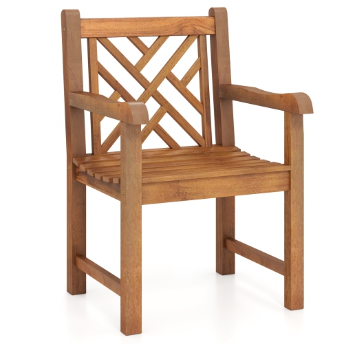 GYMAX  Teak Wood Patio Dining Chair Outdoor Armchair W/ Slatted Seat & Solid Legs