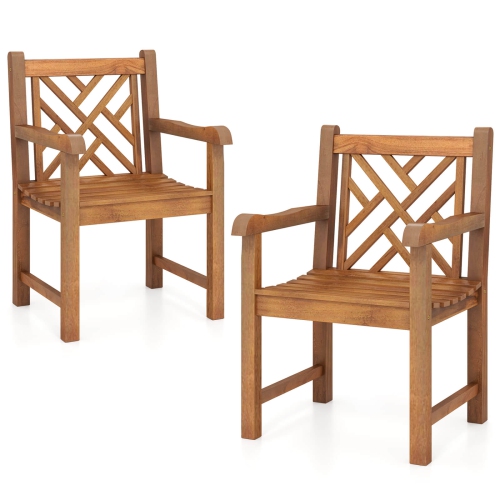 GYMAX  2 PCs Teak Wood Patio Dining Chair Outdoor Armchair W/ Slatted Seat & Solid Legs