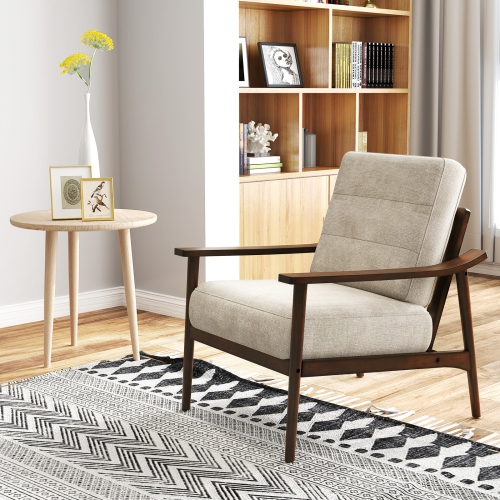 Gymax Modern Accent Chair Upholstered Leisure Armchair w/ Rubber Wood Armrests & Legs