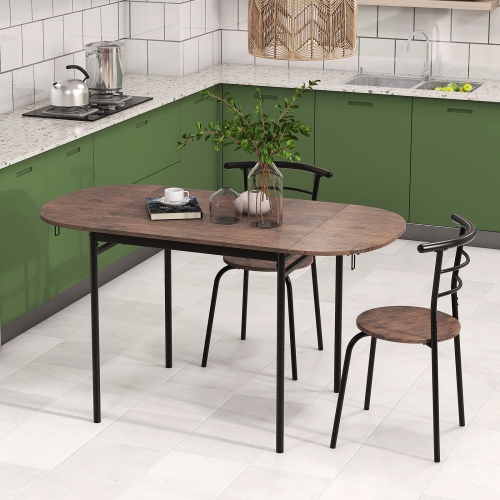Gymax 3 Pcs Foldable Dining Table Set w/ 2 Chairs Industrial Oval Corner Dining Set