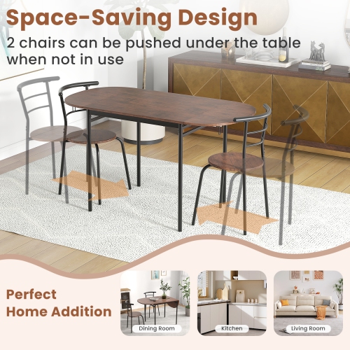 Gymax 3 Pcs Foldable Dining Table Set w/ 2 Chairs Industrial Oval Corner Dining Set