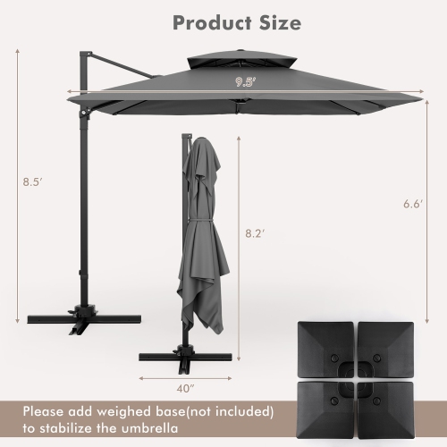 Gymax Patio 9.5FT Square Cantilever Offset Umbrella Double Vented 360° Heavy Duty Gray