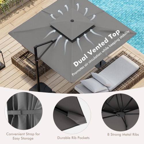 Gymax Patio 9.5FT Square Cantilever Offset Umbrella Double Vented 360° Heavy Duty Gray