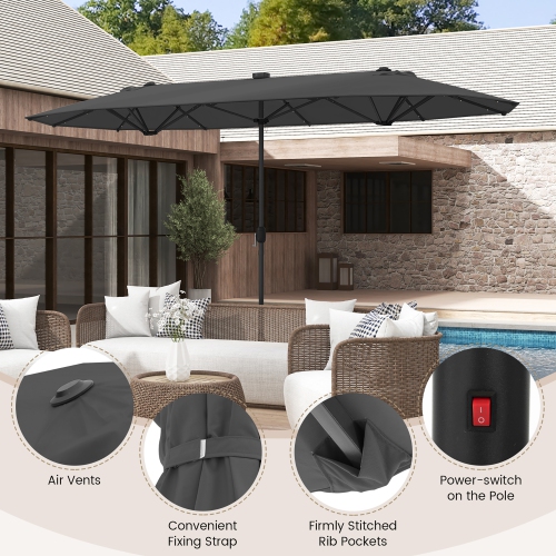 Gymax 13FT Double-sided Patio Umbrella w/ Solar Lights Crank Handle Umbrella Base
