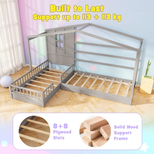 Gymax L-shaped Double Twin Beds House Platform Beds w/ Window & Fences ray