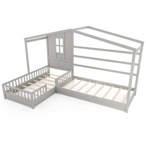 Gymax L-shaped Double Twin Beds House Platform Beds w/ Window & Fences ray