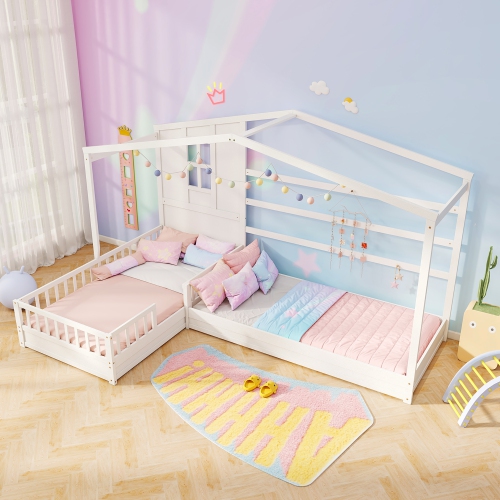 Gymax L-shaped Double Twin Beds House Platform Beds w/ Window & Fences ray
