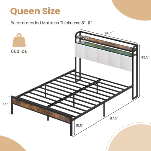 Gymax Queen Size Bed Frame w/ LED Light & Charging Station Heavy Duty Metal Platform Bed