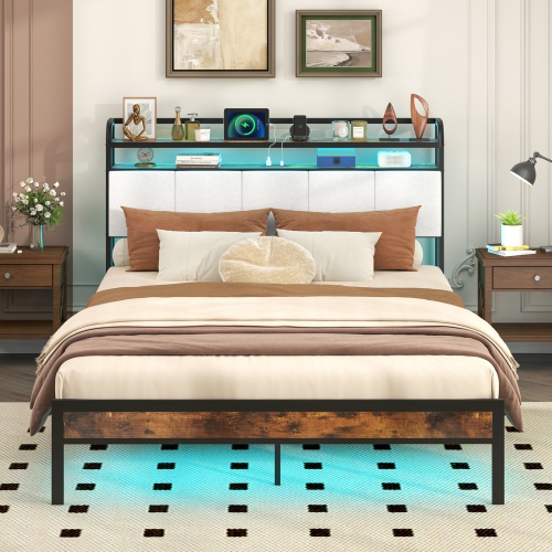 Gymax Queen Size Bed Frame w/ LED Light & Charging Station Heavy Duty Metal Platform Bed