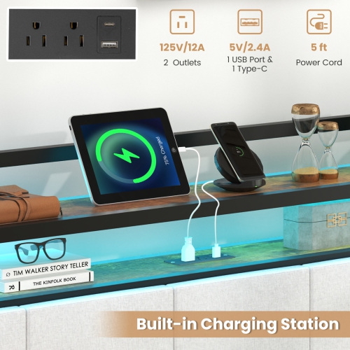 Gymax Queen Size Bed Frame w/ LED Light & Charging Station Heavy Duty Metal Platform Bed