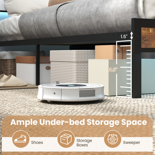 Gymax Queen Size Bed Frame w/ LED Light & Charging Station Heavy Duty Metal Platform Bed